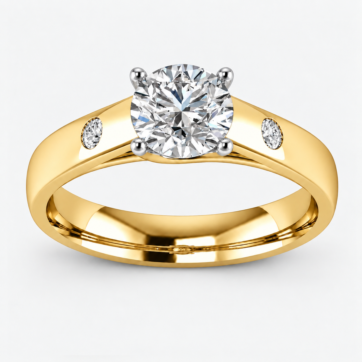 IGI Certified Lab Grown Classic Round Brilliant Cut with side Diamond Bezel Set Engagement Ring in Gold & Platinum – 1–5Ct