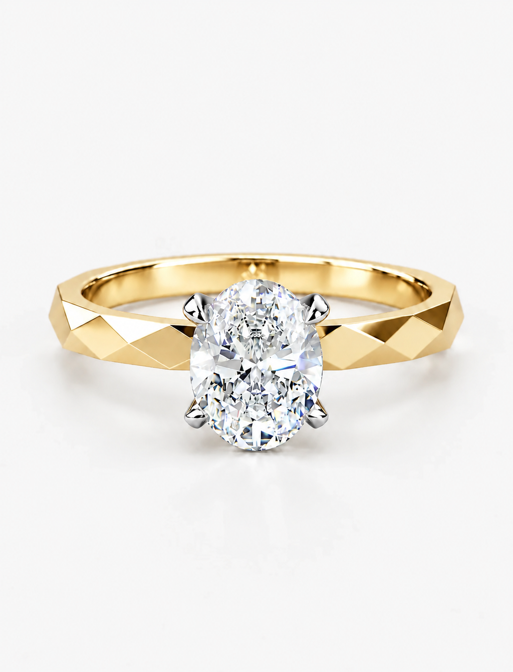 IGI Certified Lab Grown Oval Diamond Geometric Faceted Solitaire Engagement Ring in Gold & Platinum