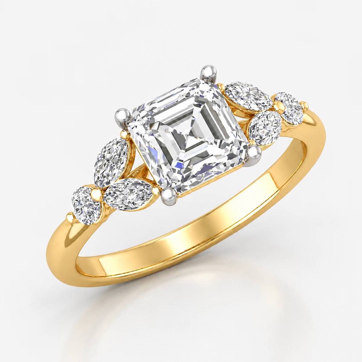 IGI Certified Lab Grown Classic Asscher Cut Diamond with Marquise & Round Halo Engagement Ring with Pavé Band in Gold & Platinum – 1–4Ct