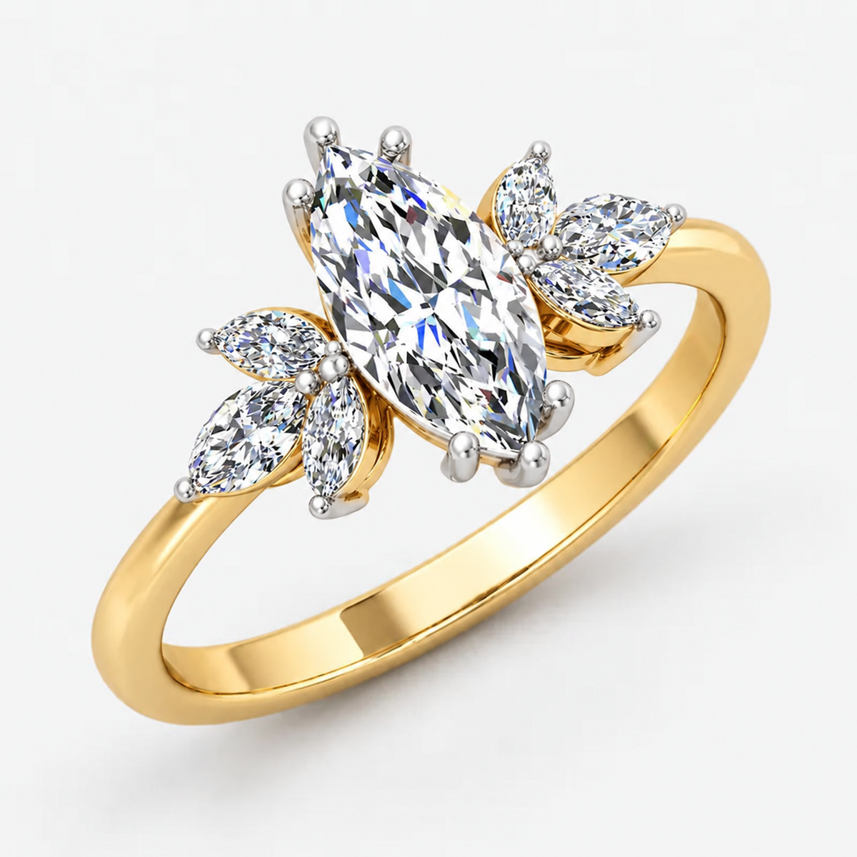 IGI Certified Multi-Stone Marquise Cut Diamond Engagement Ring in Platinum & Gold