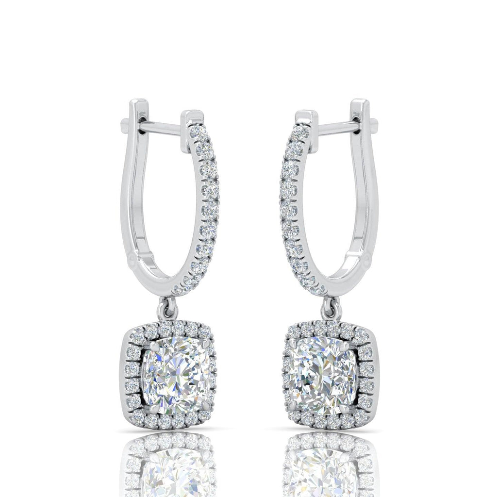 IGI Certified D/VS 2.70 Ct LAB GROWN CUSHION DIAMOND HOOP WITH HANGING HALO EARRING IN 18K WHITE GOLD
