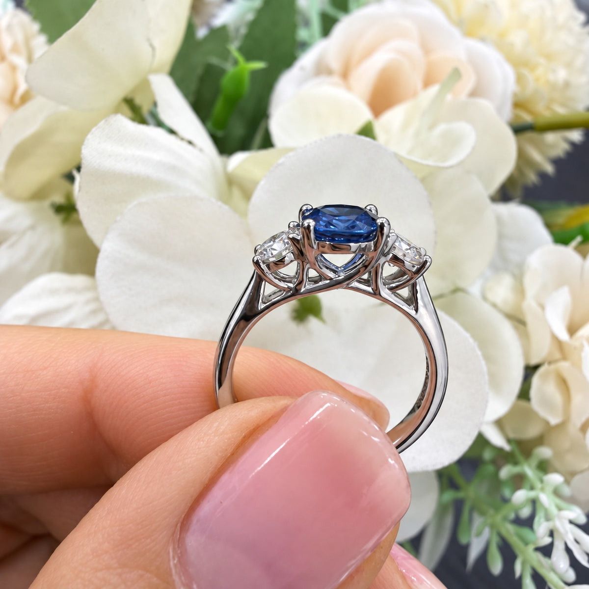 1.50ct Oval Sapphire & Side Round Diamond Trilogy Engagement Ring 950 Platinum