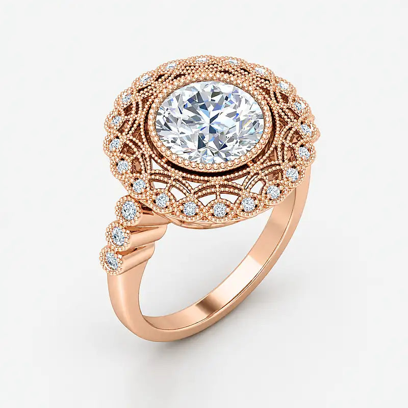 IGI Certified Lab Grown Miligrain Vintage Inspired Round Cut Filigree Halo Diamond Engagement Ring in Gold & Platinum - 1-5ct