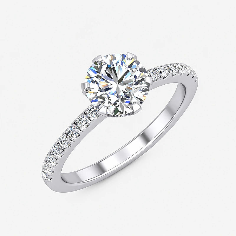 IGI Certified Lab Grown Round Diamond Prong & Pavé Side-Stone Engagement Ring in Gold & Platinum - 1-5ct
