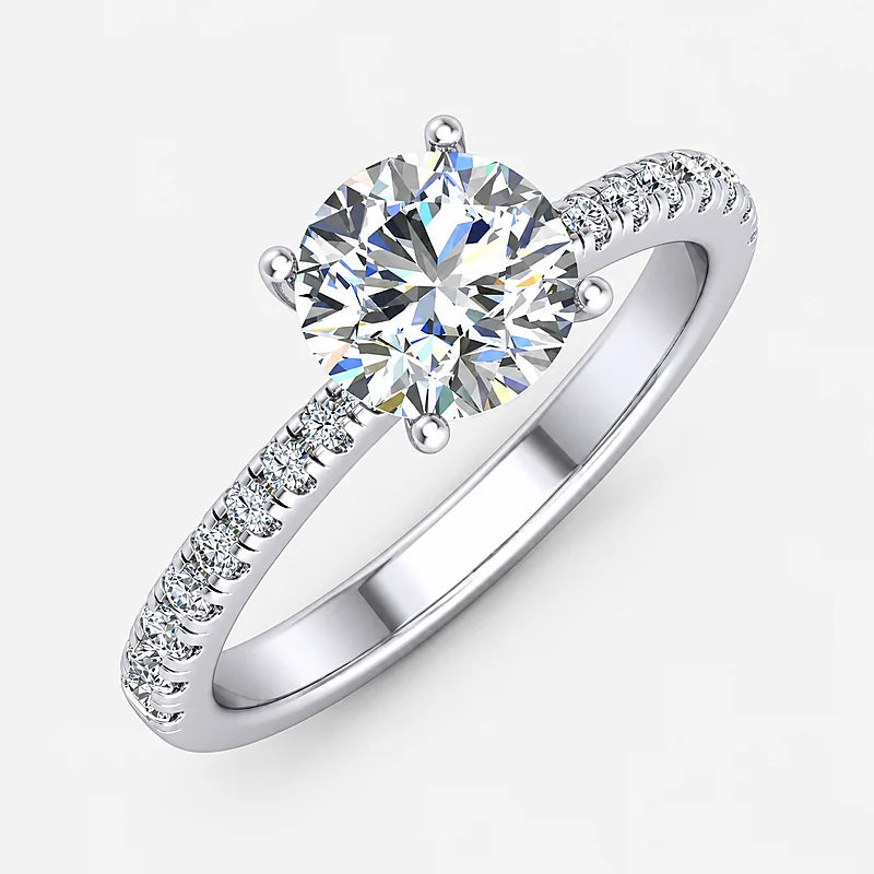 IGI Certified Lab Grown Classic Round Brilliant Solitaire Diamond Engagement Ring with Pavé Band in Gold & Platinum - 1-5ct
