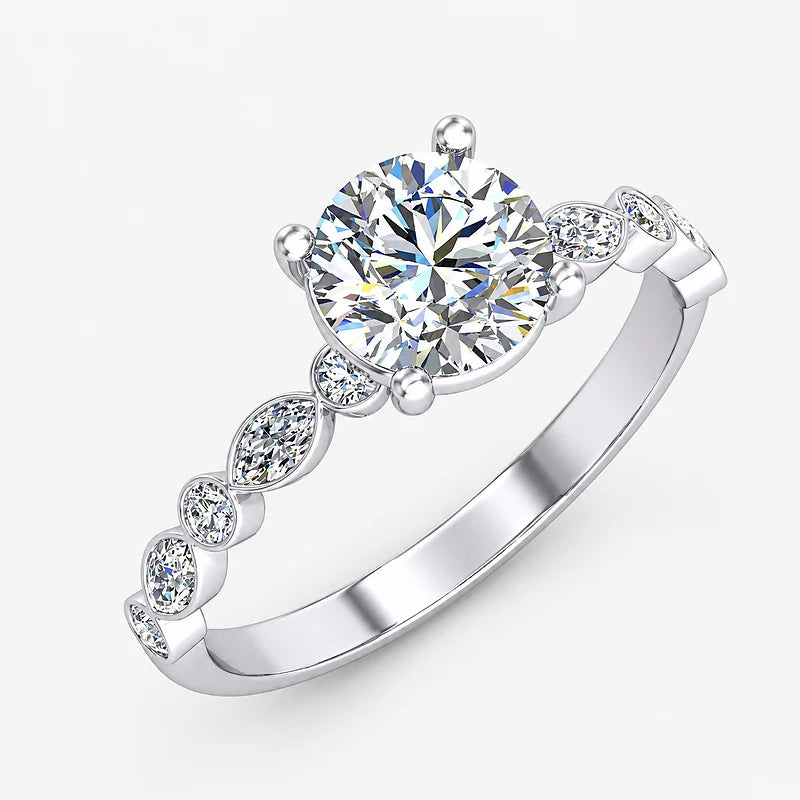 IGI Certified Lab Grown Solitaire Engagement Ring with Alternating Marquise & Round Diamond Accents in Gold & Platinum – 1–5Ct