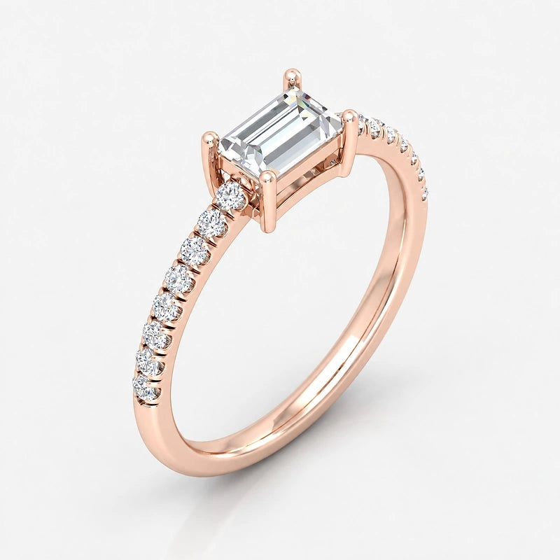 IGI Certified Lab Grown East-West Emerald Cut Diamond with Round Side Stones Claw & Pavé Engagement Ring in Gold & Platinum – 1–4Ct