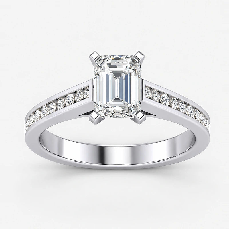 IGI Certified Lab Grown Emerald Cut & Round Diamond Claw & Channel Set Engagement Ring in Gold & Platinum – 1–4Ct