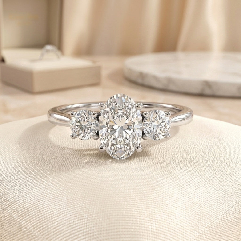 IGI Certified 3.00 Carat Oval & Round Lab Diamond Trilogy Ring - E/VS