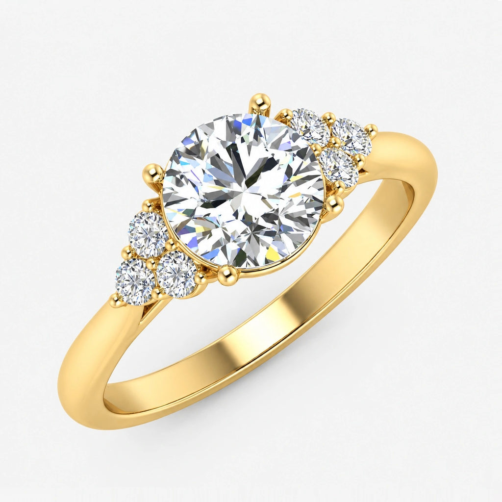 IGI Certified Lab Grown Round Brilliant Cut Diamond Engagement Ring with Side Cluster Stones in Gold & Platinum – 1–5Ct
