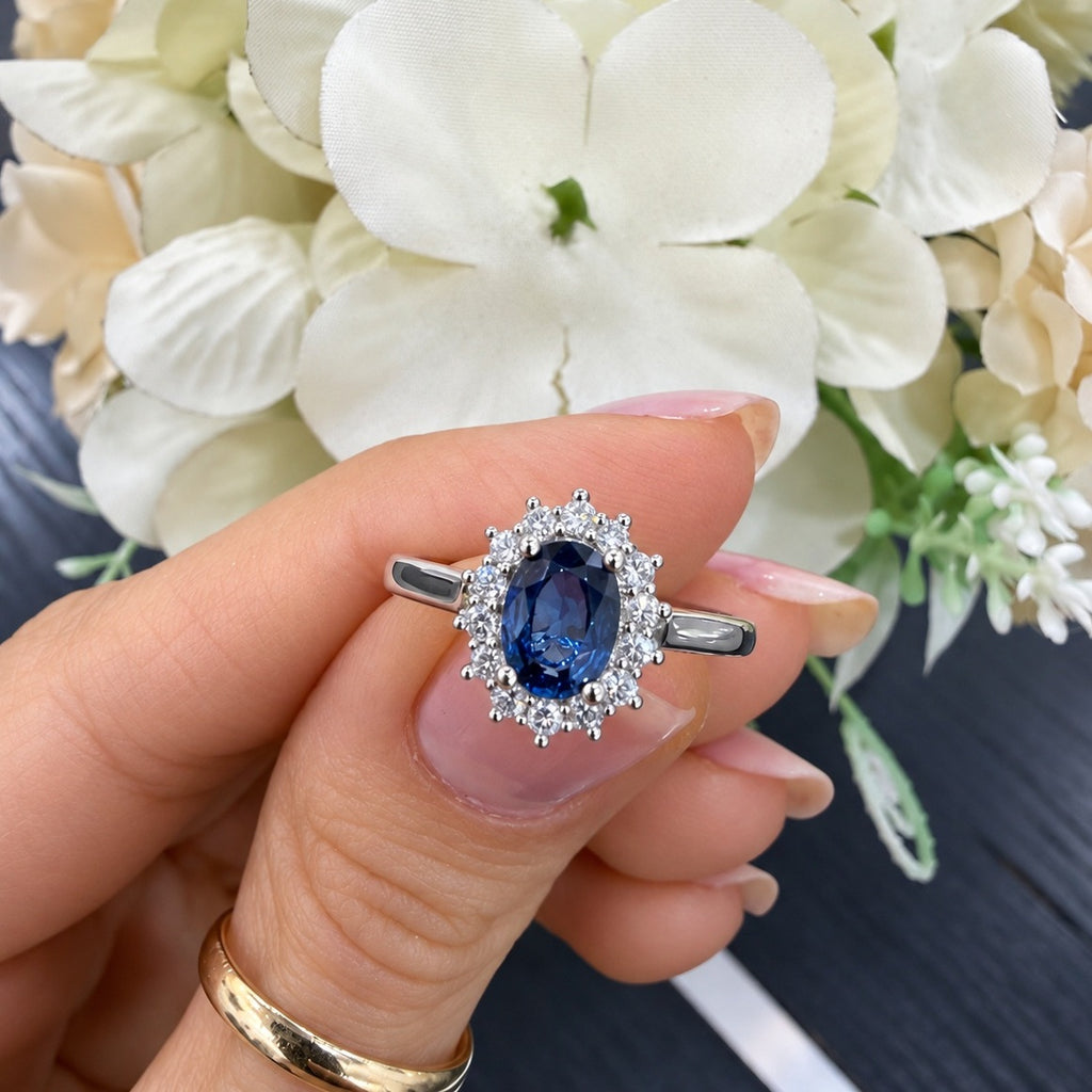 1.50Ct Sapphire Oval & Diamond Cluster Halo Set Engagement Ring 950 Platinum
