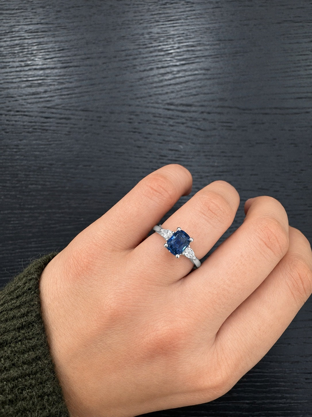 1.00Ct Blue Cushion Sapphire & Side Pear Diamond Three Stone Ring in 950 Platinum