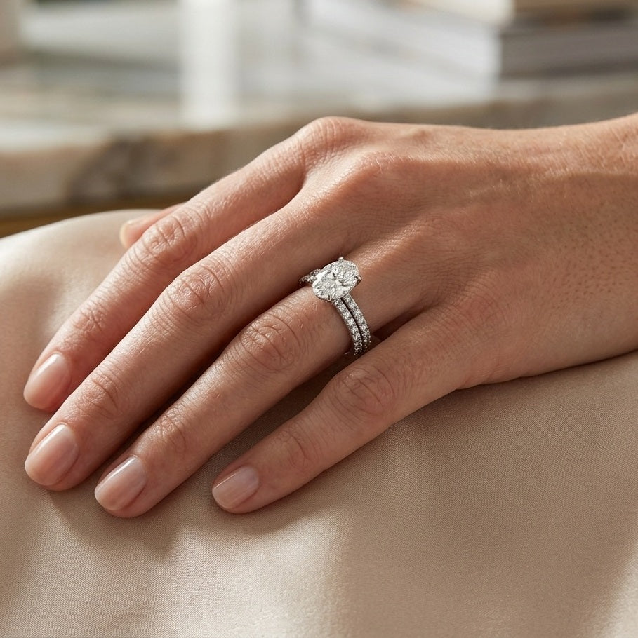 IGI Oval Diamond Pavé Bridal Set Solitaire Engagement Ring with Matching Wedding Band - E/VS