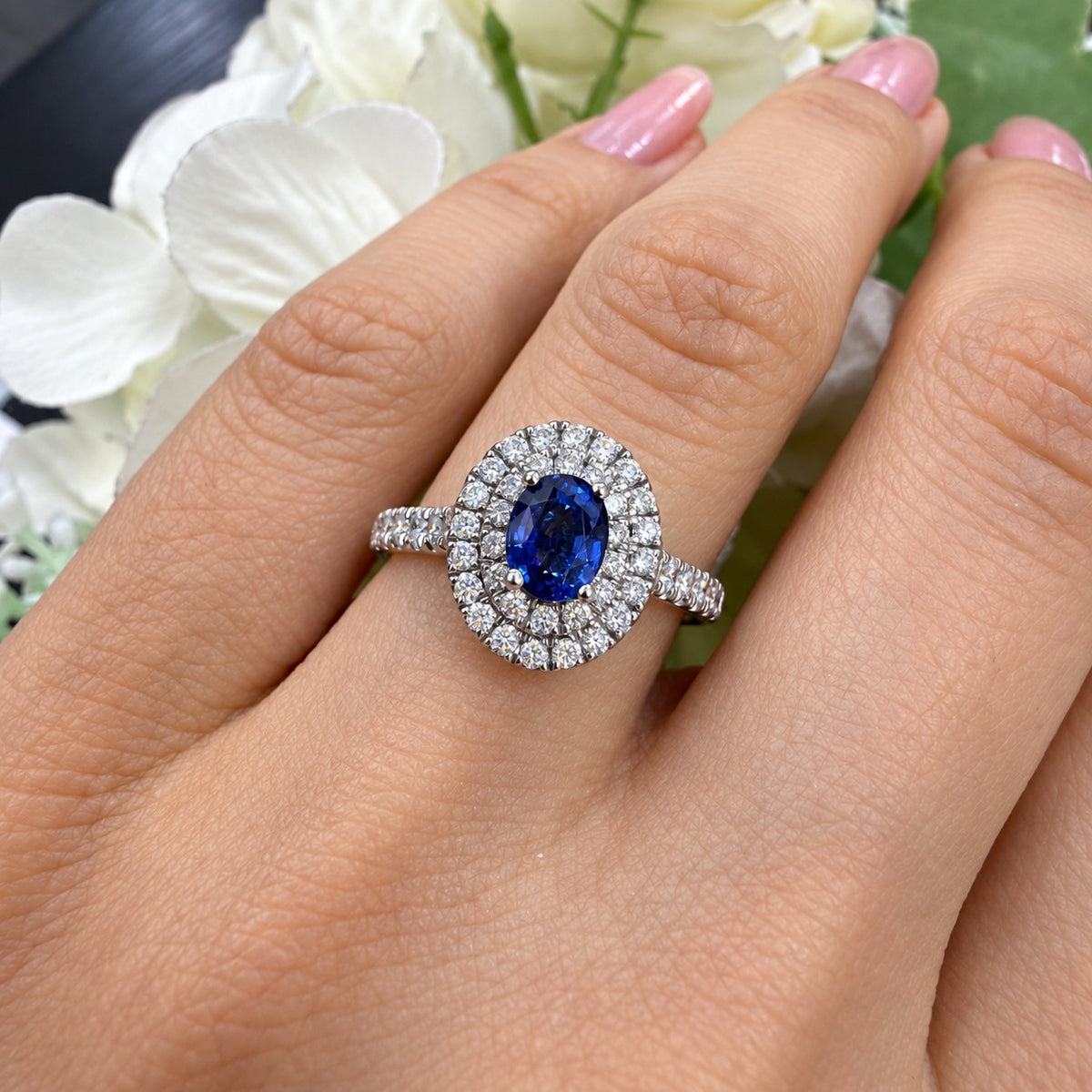 1.00Ct Blue Oval Sapphire & Round Diamond Double Halo Ring Platinum