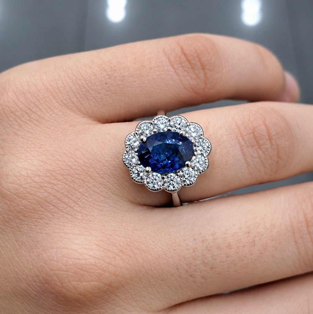 1.50Ct Sapphire Oval & Diamond Cluster Engagement Ring 950 Platinum