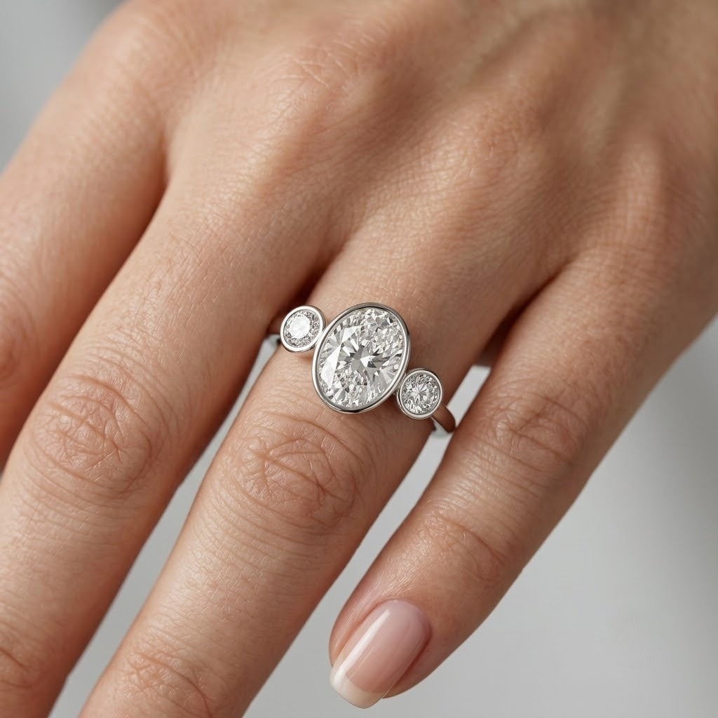 IGI Certified Oval Bezel Lab Grown Diamond Three Stone Engagement Ring