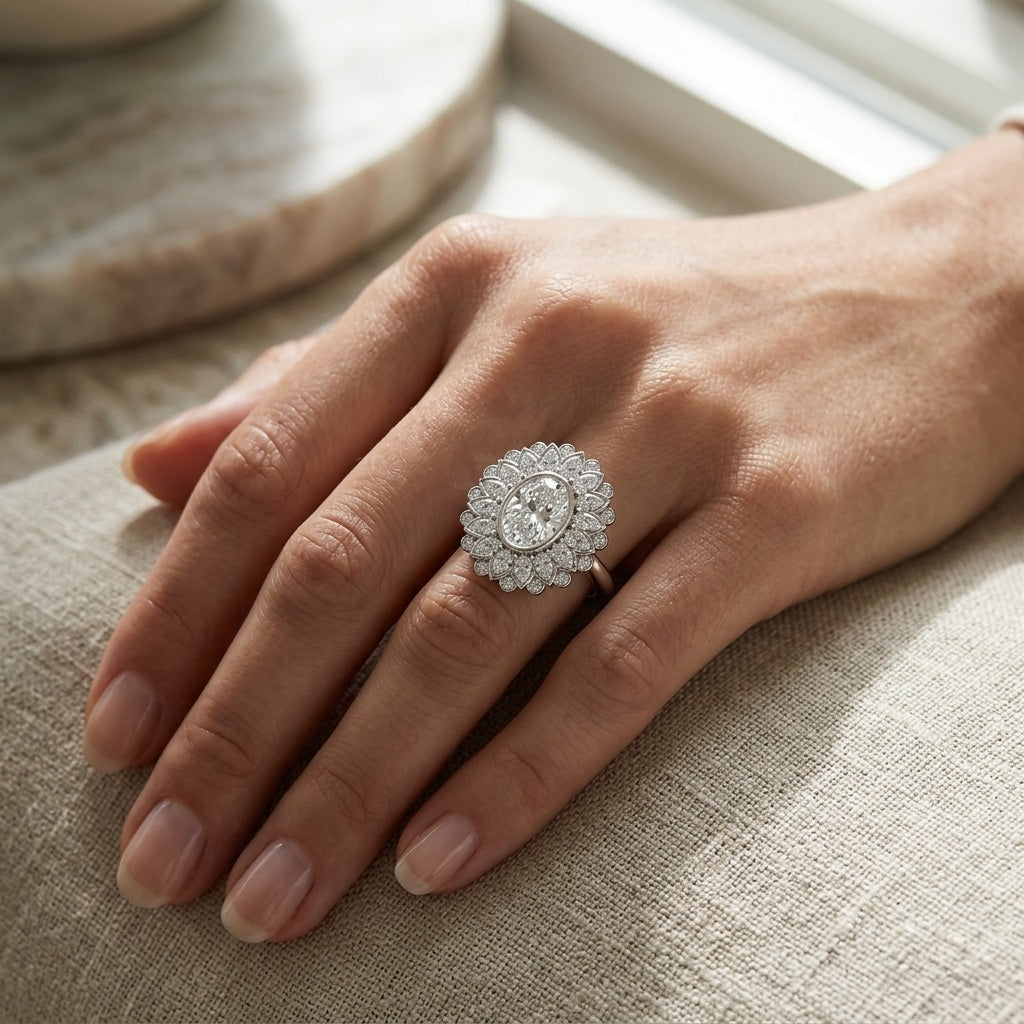 IGI Oval Lab Diamond Floral Halo Vintage Petal Cluster Solitaire Engagement Ring - E/VS