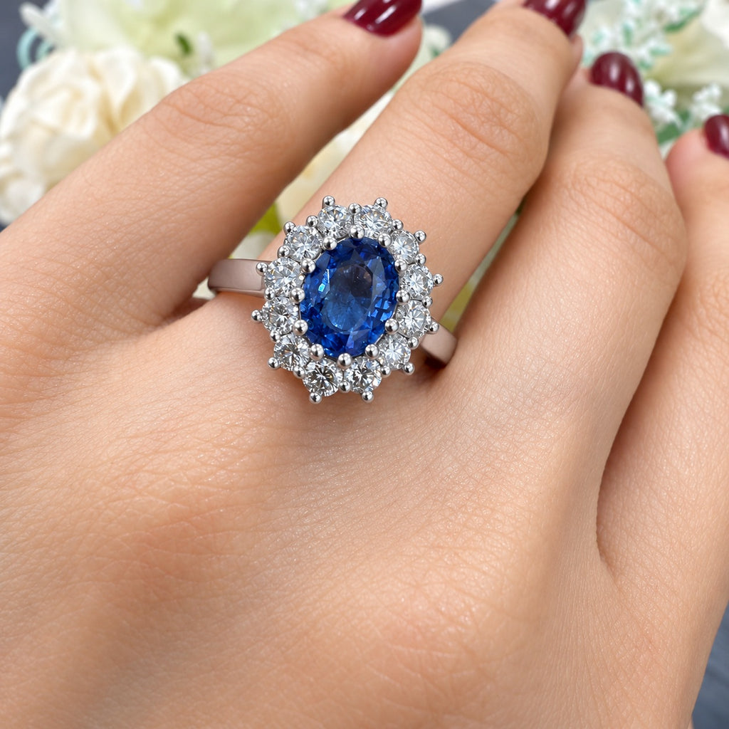 950 Platinum Halo Cluster Ring 3.00 Carat Light Blue Sapphire & Round Diamond