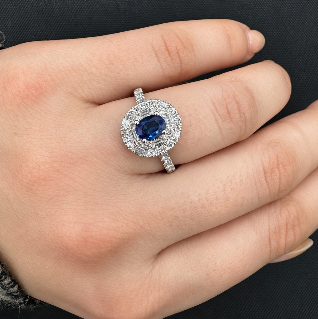 Sapphire Oval & Round & Baguette Diamond Cluster Double Halo Set Engagement Ring 950 Platinum