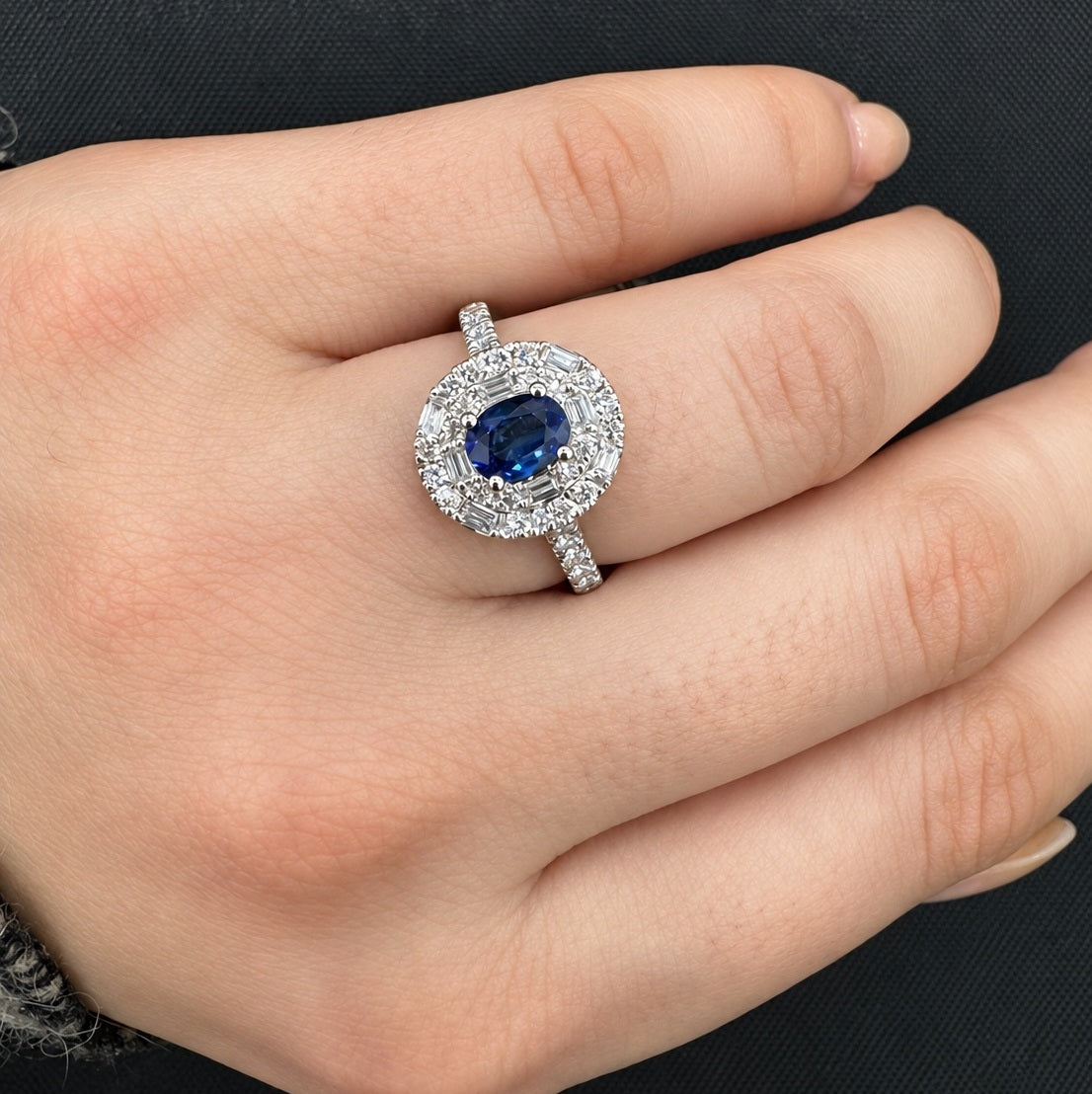 Sapphire Oval & Round & Baguette Diamond Cluster Double Halo Set Engagement Ring 950 Platinum