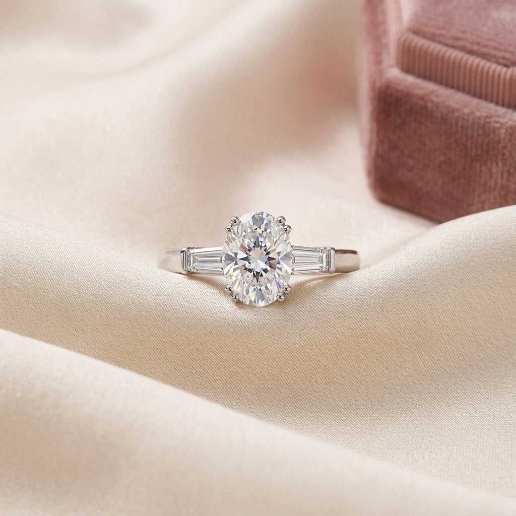 IGI Lab Oval & Baguette Diamond Three Stone Engagement Ring - E/VS