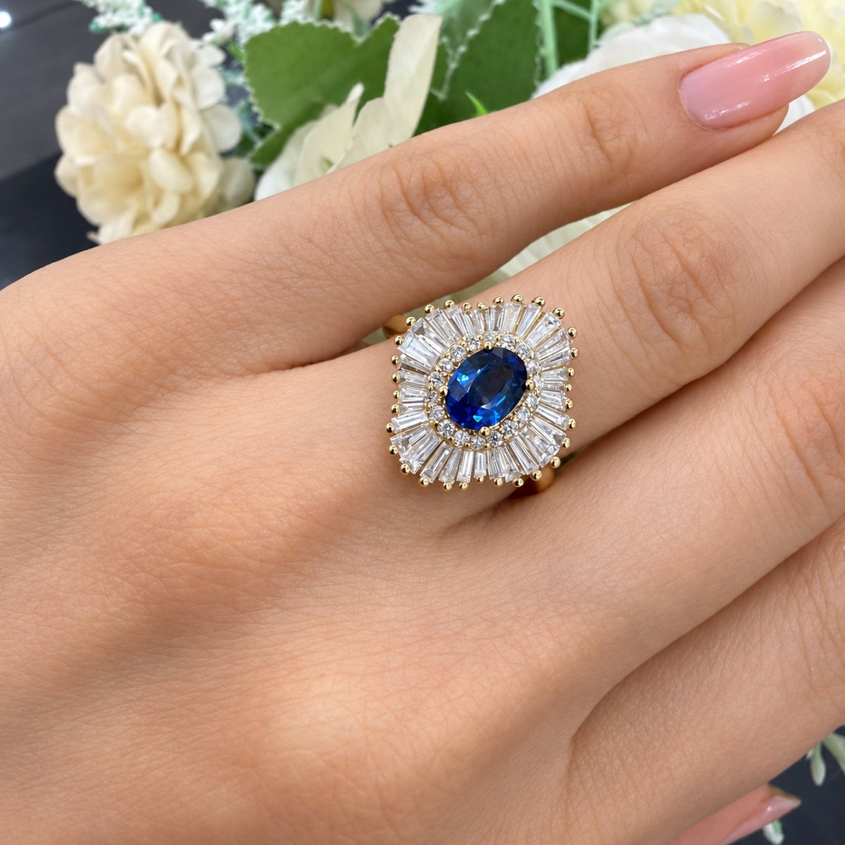 2.00 Carat Natural Oval Sapphire & Side Baguette & Round Diamond Cluster Halo Ring 18k Yellow Gold