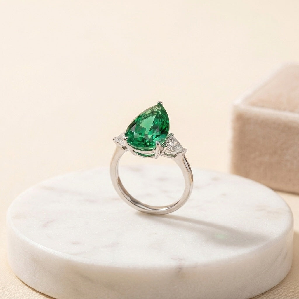 IGI Certified 12.00ct Fancy Vivid Green Pear Diamond Trilogy Ring in Platinum