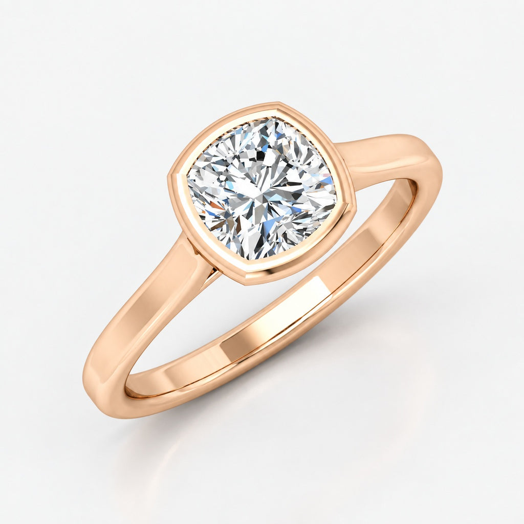 IGI Certified The Flow Cushion Diamond Solitaire Bezel Set Engagement Ring in Gold & Platinum