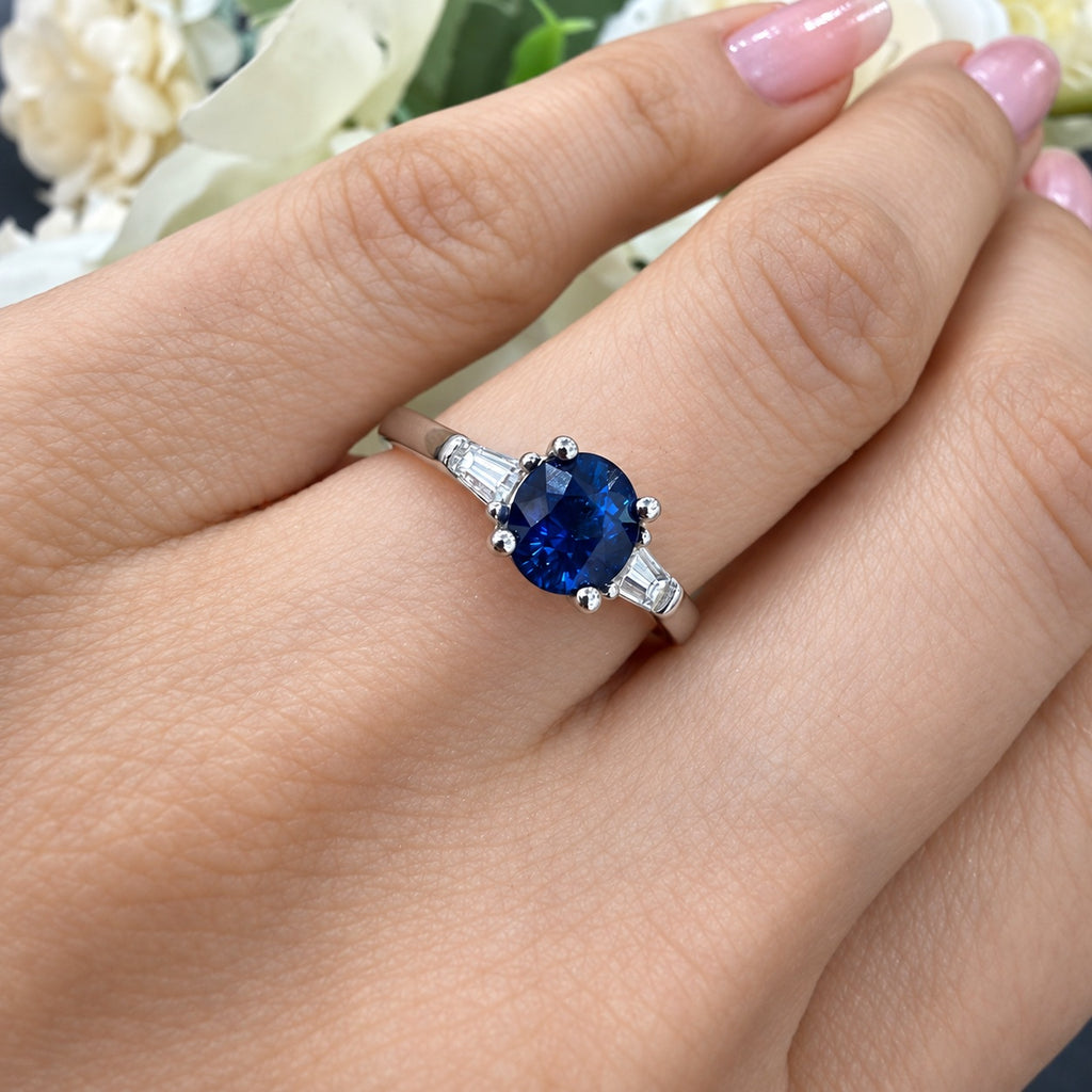 1.50Ct Oval Sapphire & Side Tapper Diamond Trilogy Engagement Ring 950 Platinum