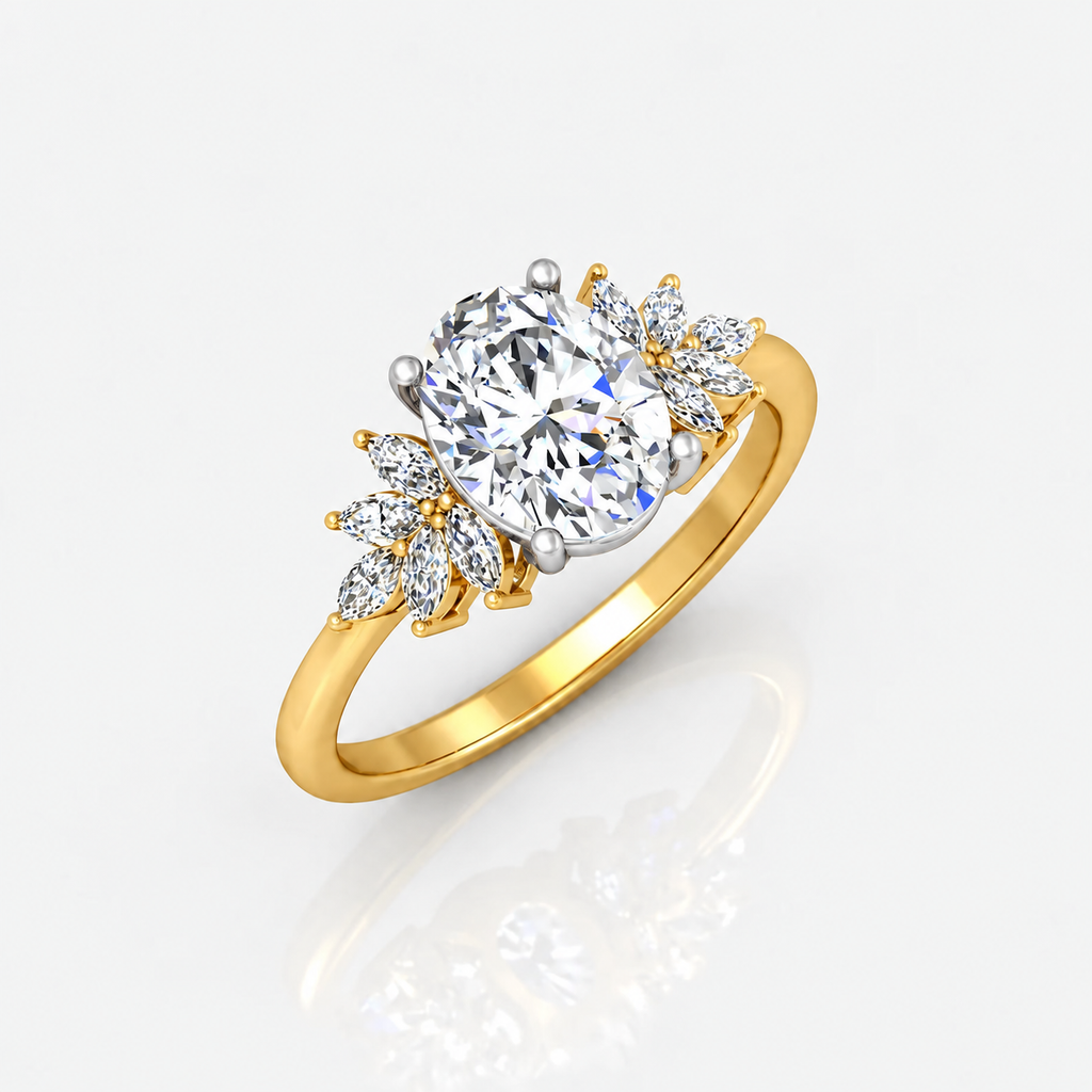 IGI Certified Aurora Oval Diamond Engagement Ring with Marquise Cluster Side Stones in Platinum & Gold