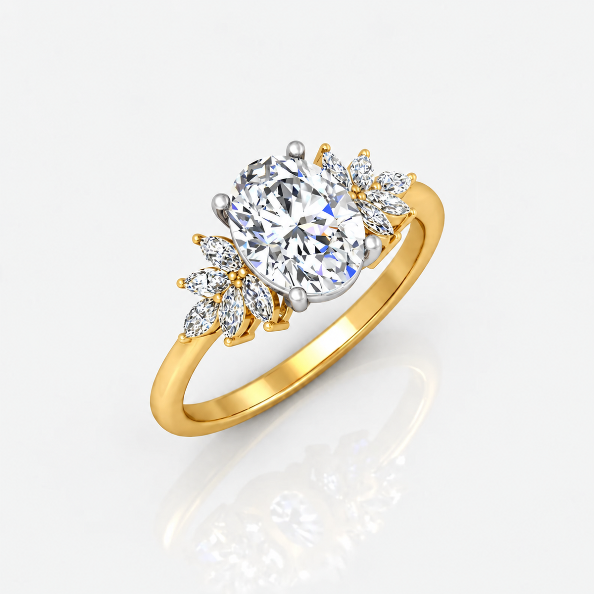 IGI Certified Aurora Oval Diamond Engagement Ring with Marquise Cluster Side Stones in Platinum & Gold