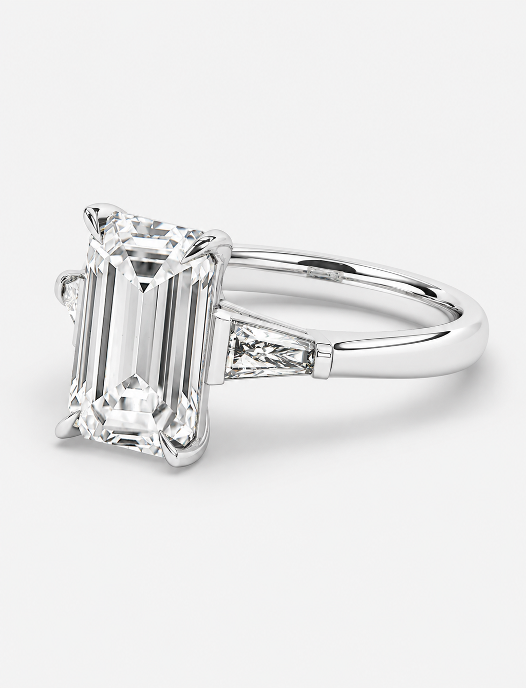 5.70CT Lab Grown Solitaire Emerald Diamond Tapered Baguette Trilogy Ring Platinum