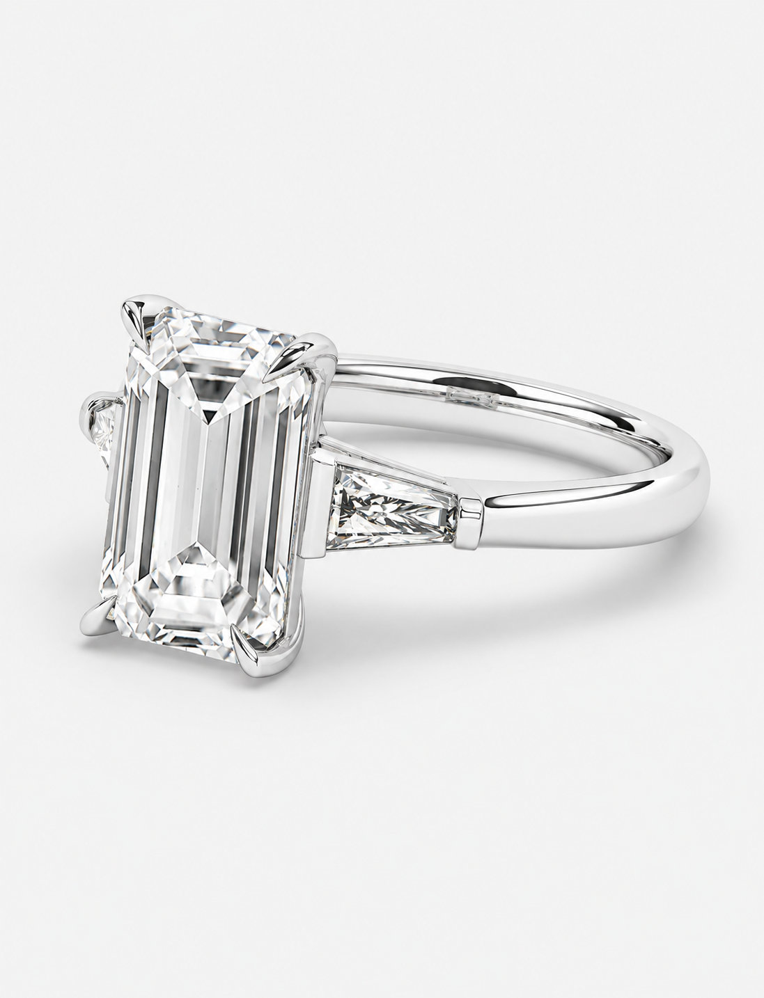 5.70CT Lab Grown Solitaire Emerald Diamond Tapered Baguette Trilogy Ring Platinum