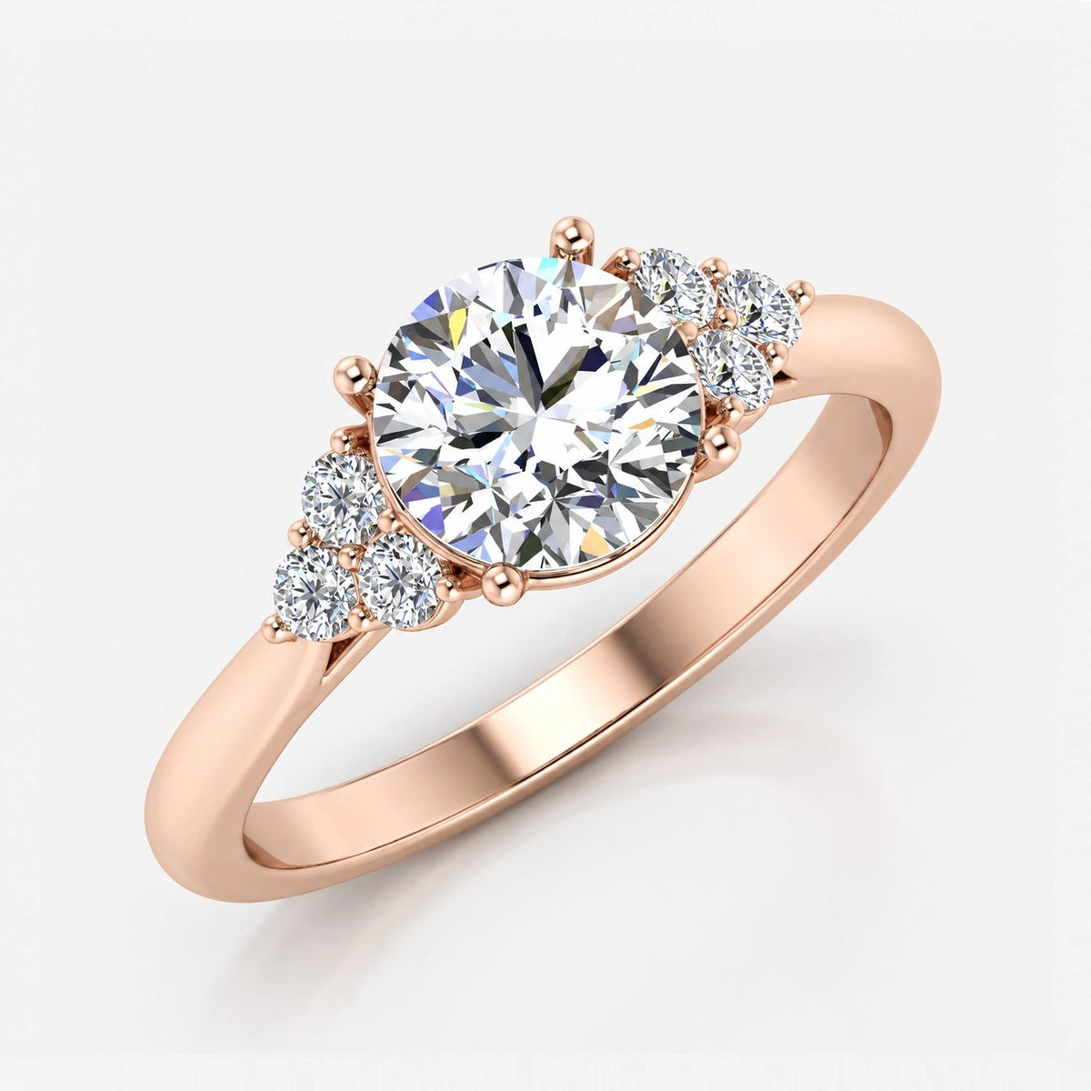 IGI Certified Lab Grown Round Brilliant Cut Diamond Engagement Ring with Side Cluster Stones in Gold & Platinum – 1–5Ct