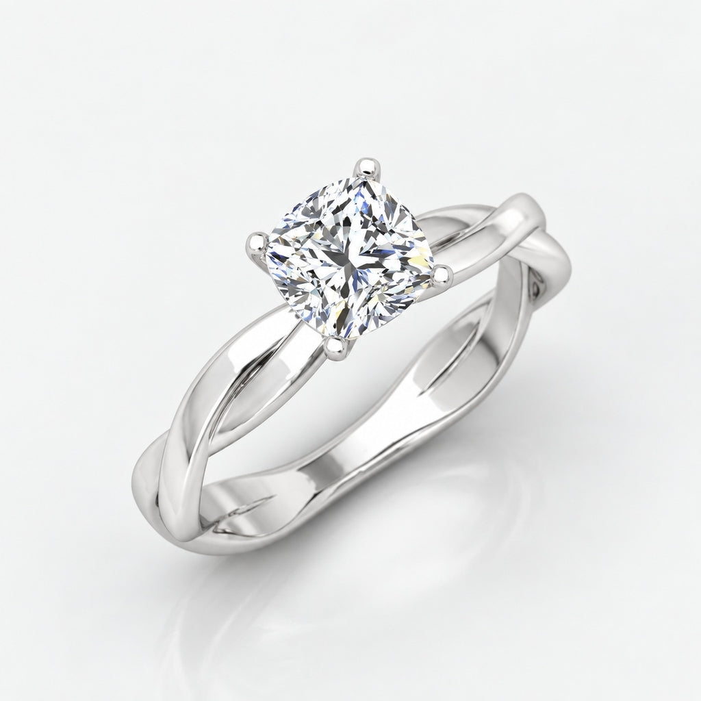 Twisted IGI Certified Classic Cushion Diamond Solitaire Engagement Ring in Gold & Platinum