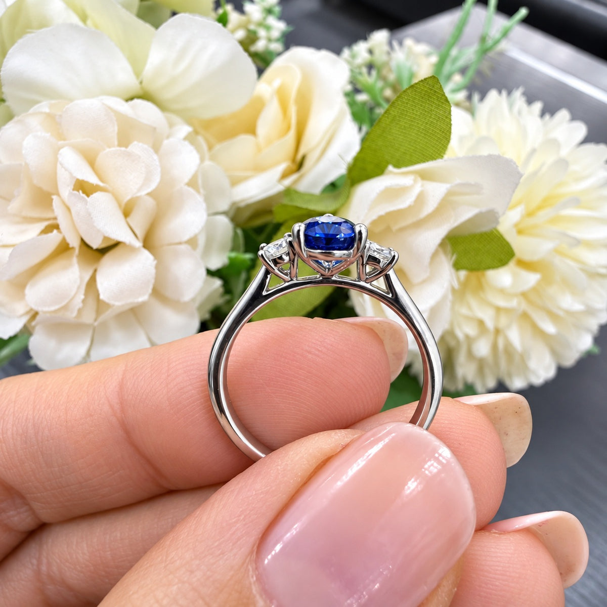 1.50Ct Blue Pear Sapphire & Side Round Diamond Three Stone Ring in 950 Platinum