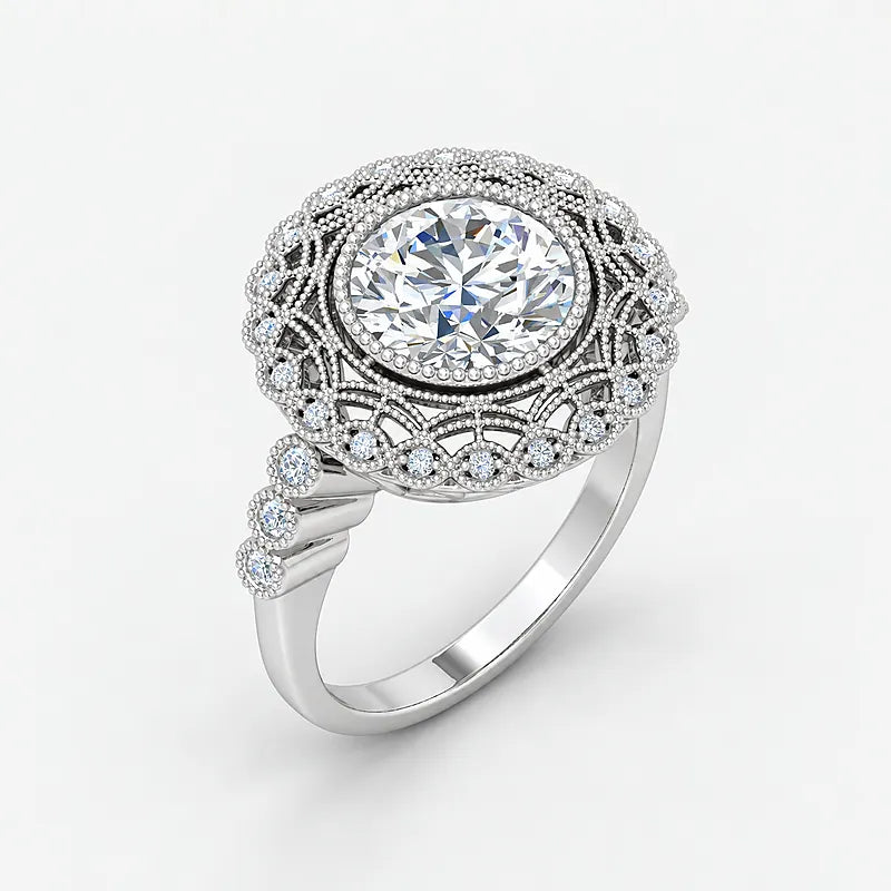 IGI Certified Lab Grown Miligrain Vintage Inspired Round Cut Filigree Halo Diamond Engagement Ring in Gold & Platinum - 1-5ct