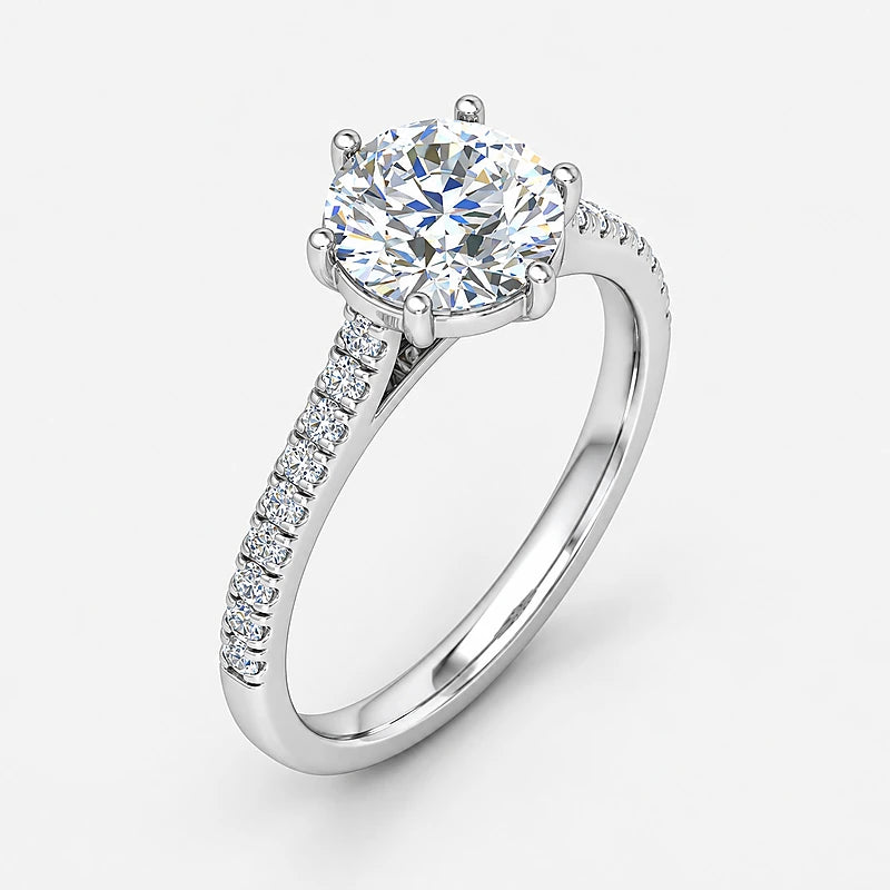 IGI Certified Lab Grown Round Brilliant Cut Diamond Solitaire Engagement Ring with Pavé Band in Gold & Platinum - 1-5ct