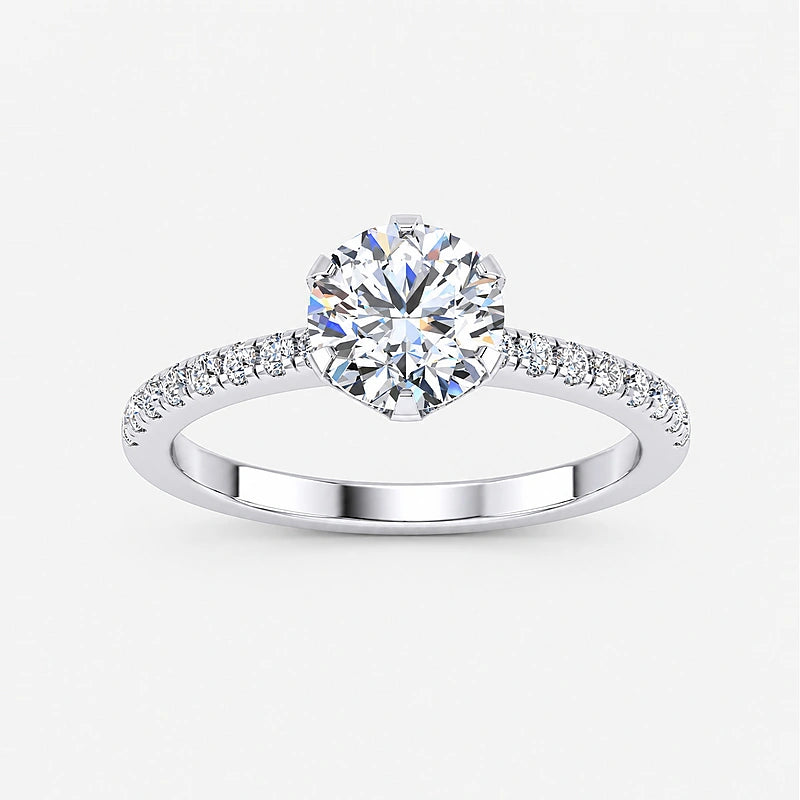 IGI Certified Lab Grown Round Diamond Prong & Pavé Side-Stone Engagement Ring in Gold & Platinum - 1-5ct