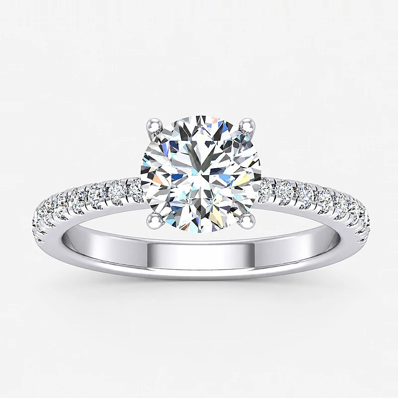 IGI Certified Lab Grown Classic Round Brilliant Solitaire Diamond Engagement Ring with Pavé Band in Gold & Platinum - 1-5ct