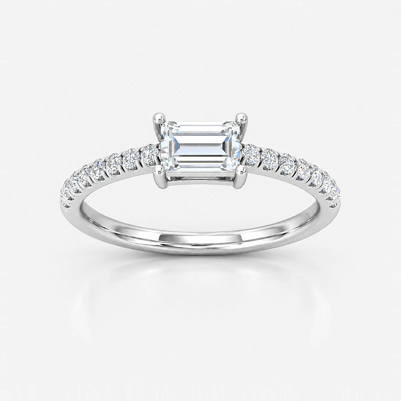 IGI Certified Lab Grown East-West Emerald Cut Diamond with Round Side Stones Claw & Pavé Engagement Ring in Gold & Platinum – 1–4Ct