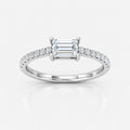 IGI Certified Lab Grown East-West Emerald Cut Diamond with Round Side Stones Claw & Pavé Engagement Ring in Gold & Platinum – 1–4Ct