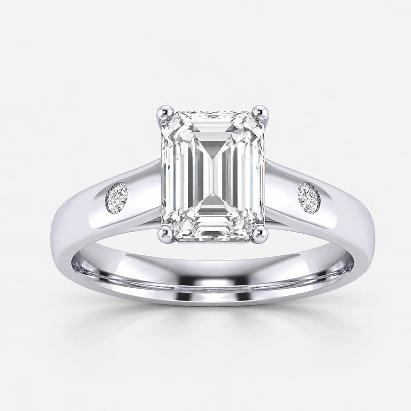 IGI Certified Lab Grown Emerald Cut Diamond with Round Side Stones Claw & Bezel Engagement Ring in Gold & Platinum – 1–4Ct