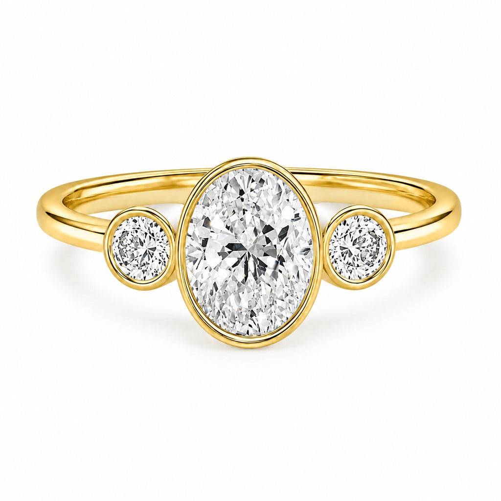 IGI Certified Oval Bezel Lab Grown Diamond Three Stone Engagement Ring