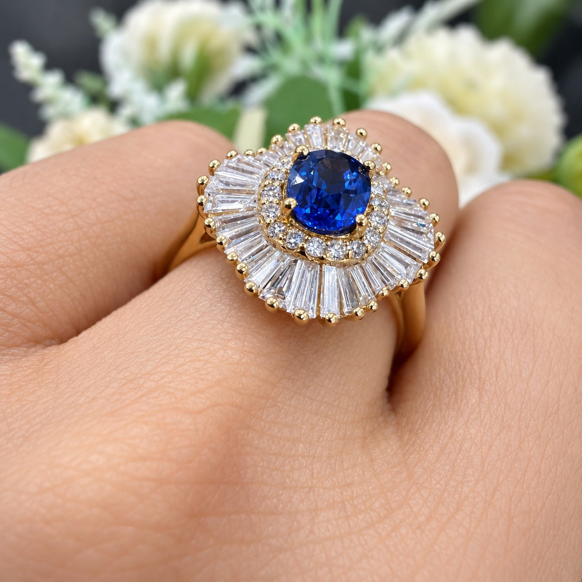 2.00 Carat Natural Oval Sapphire & Side Baguette & Round Diamond Cluster Halo Ring 18k Yellow Gold
