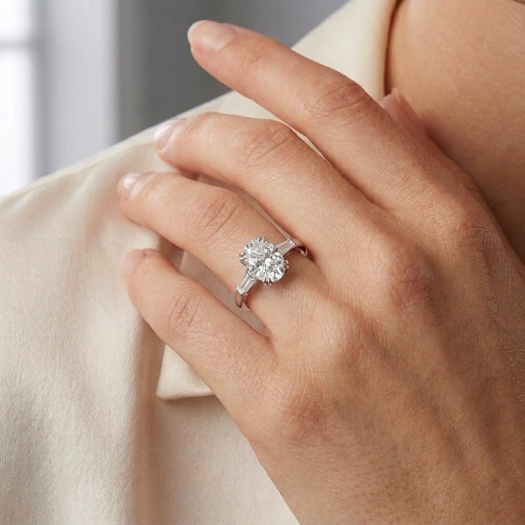 IGI Lab Oval & Baguette Diamond Three Stone Engagement Ring - E/VS