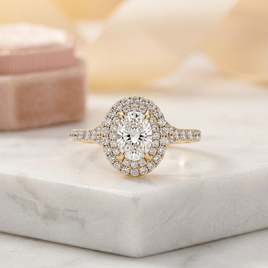 IGI Certified 2.50CT E/VS Oval Lab Grown Diamond Double Halo Engagement Ring