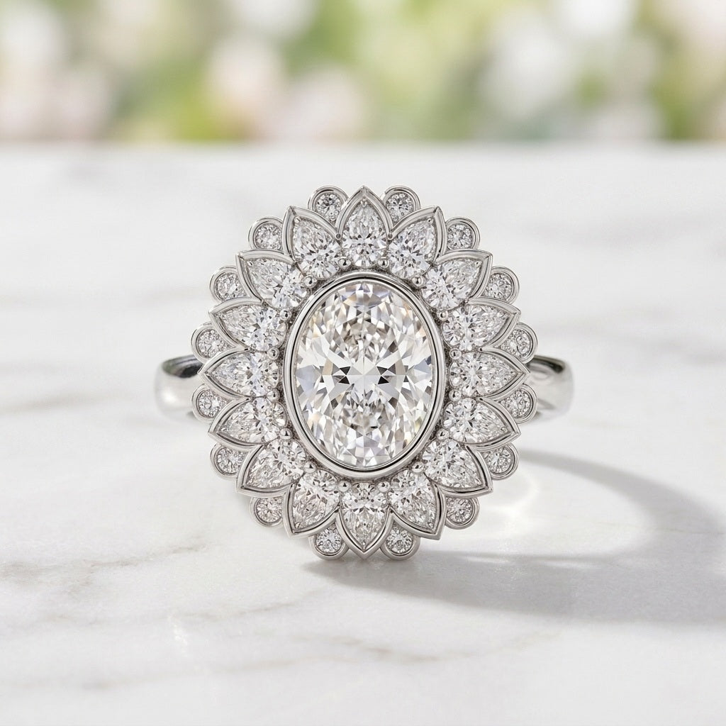 IGI Oval Lab Diamond Floral Halo Vintage Petal Cluster Solitaire Engagement Ring - E/VS