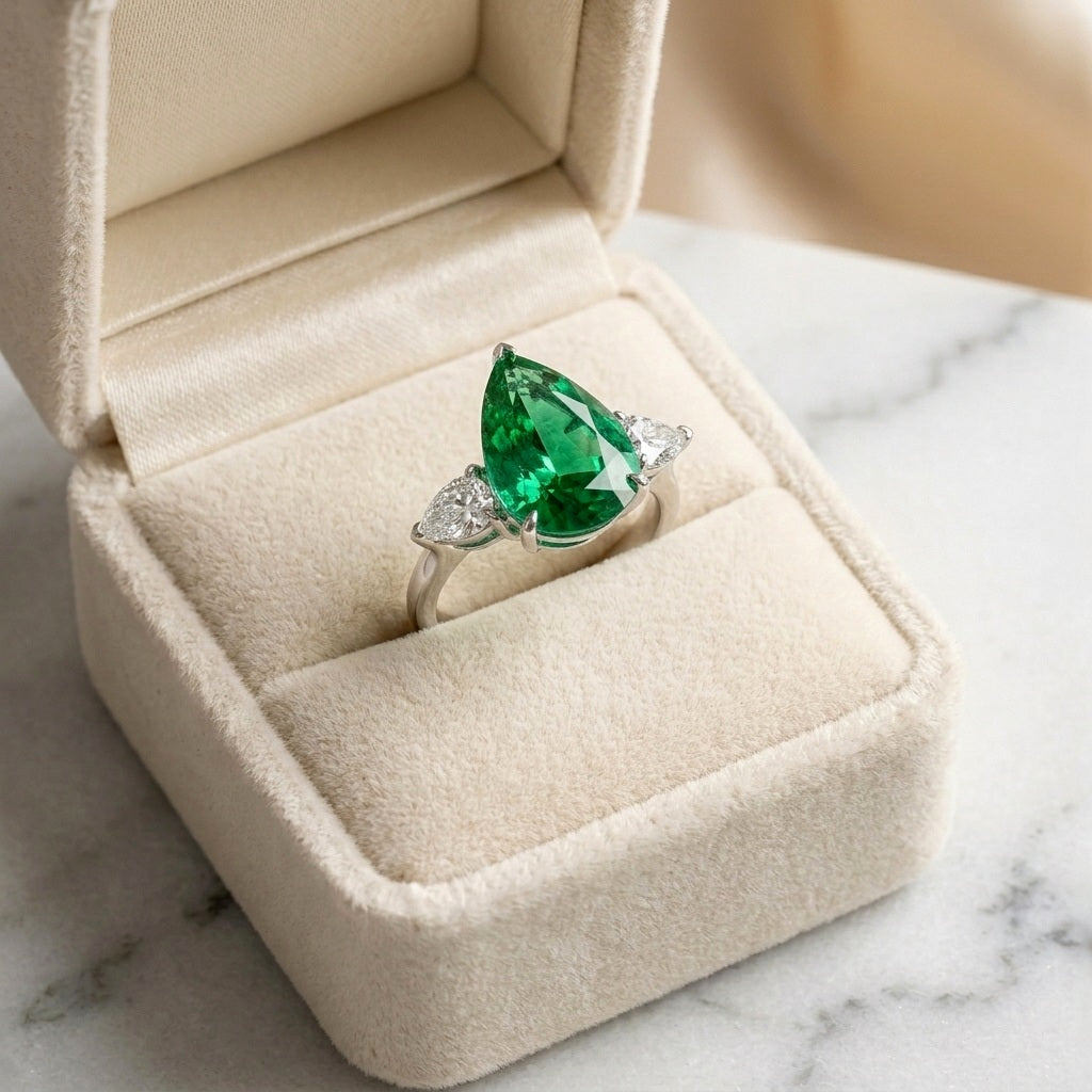 IGI Certified 12.00ct Fancy Vivid Green Pear Diamond Trilogy Ring in Platinum