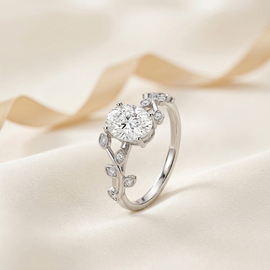 Oval Diamond Leaf Vine Engagement Ring - E/VS